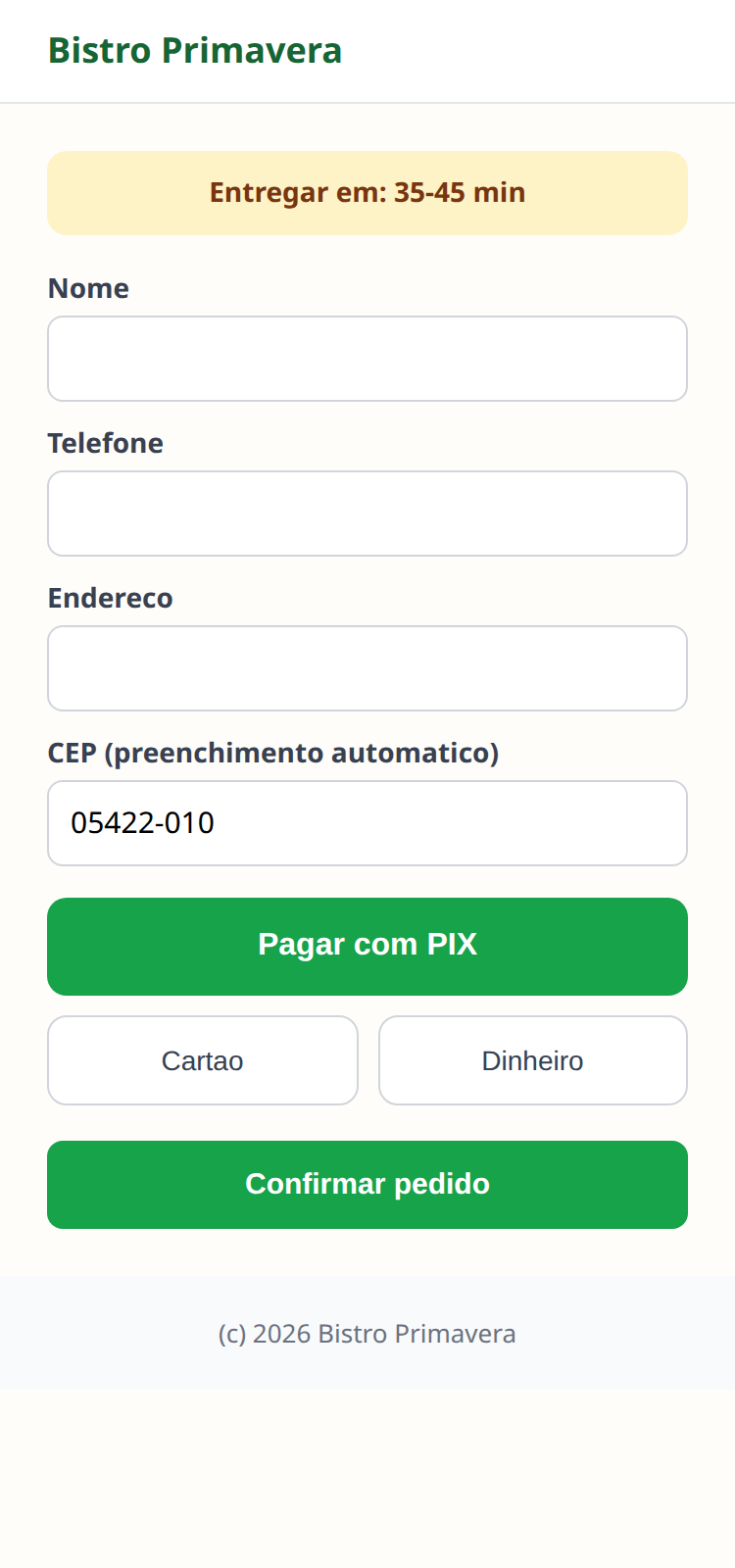 Bistro Primavera - Pagamento