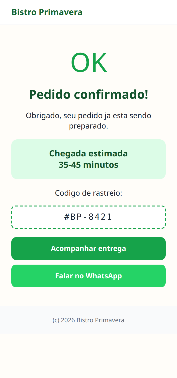 Bistro Primavera - Confirmação